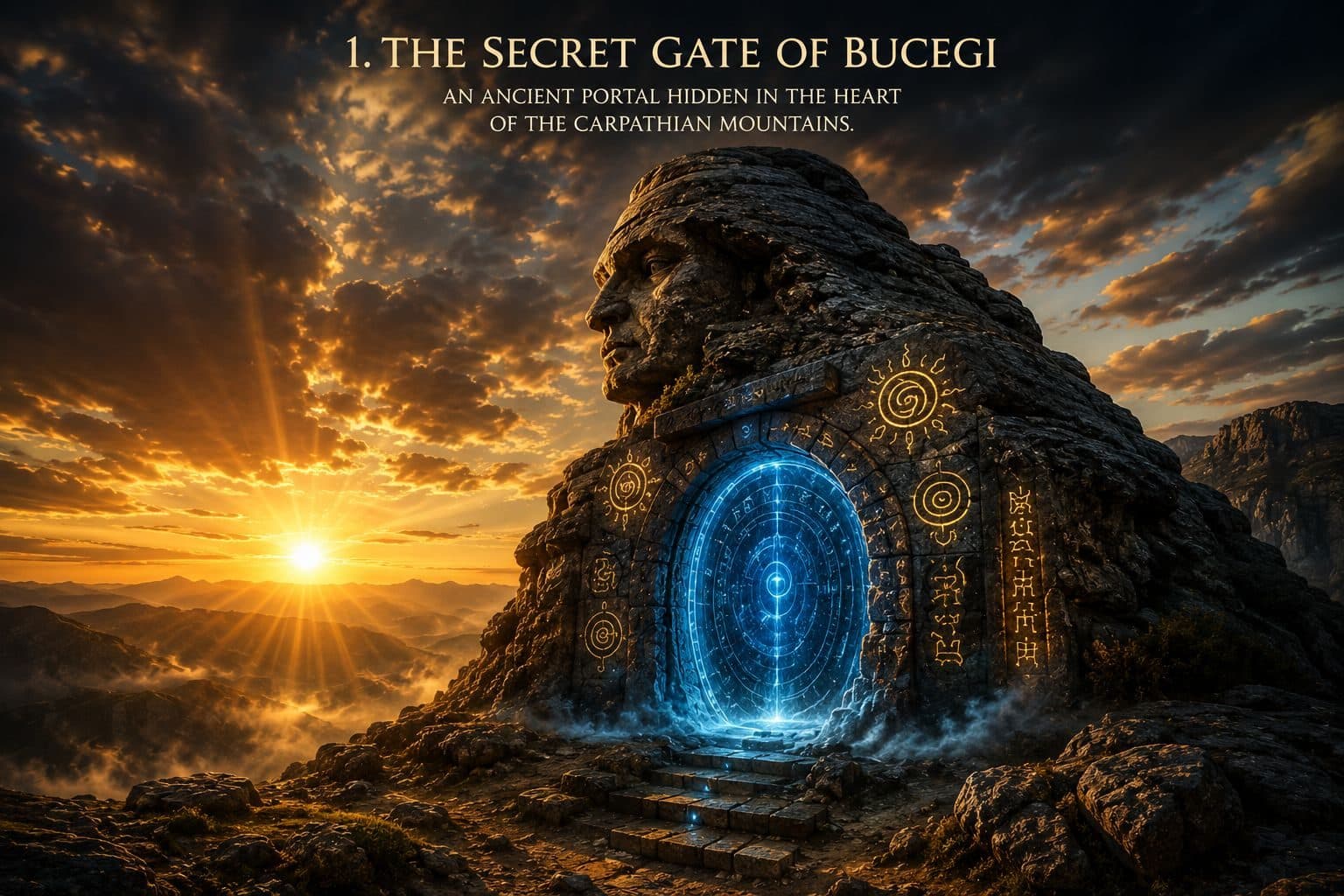 Artistic illustration of a glowing, rune-carved gateway set into a Bucegi mountain rock face at sunset.